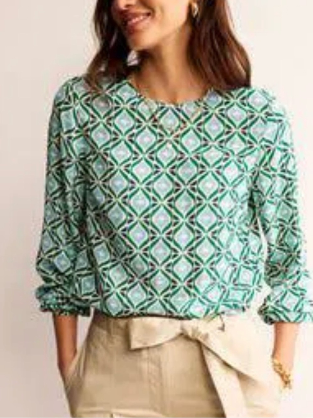 Boden Easy Print Diamond Geometric Long Sleeve Top Blouse 12